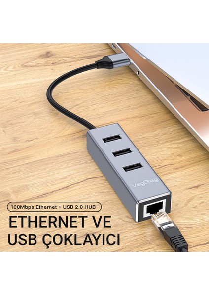 USB 2.0 To 100MBPS Ethernet Çevirici ve 3 Portlu USB Hub Çoklayıcı