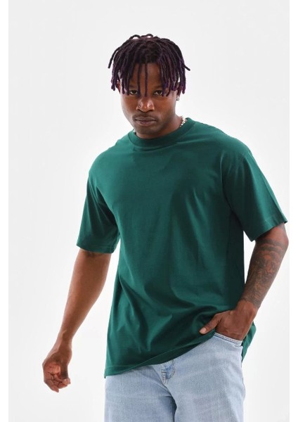 Oversize Düz Bisiklet Yaka T-Shirt - Koyu Yeşili