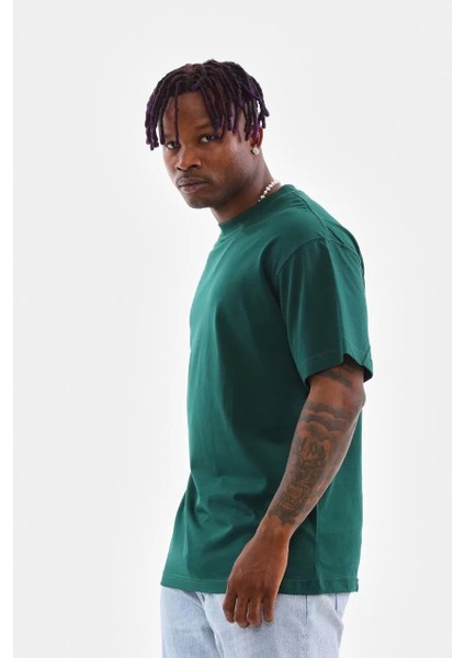 Oversize Düz Bisiklet Yaka T-Shirt - Koyu Yeşili indirimleri