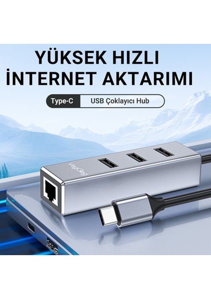 USB Type-C To 100MBPS Ethernet Çevirici ve 3 Portlu USB Hub Çoklayıcı