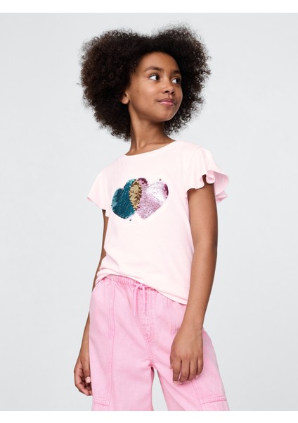Kız Çocuk Pembe Fırfır Kol Pullu Grafikli T-Shirt