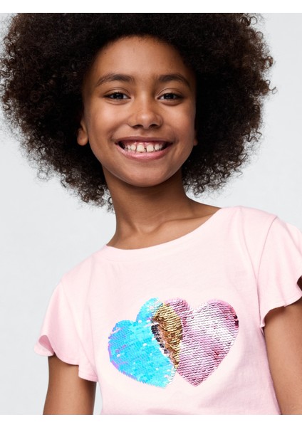 Kız Çocuk Pembe Fırfır Kol Pullu Grafikli T-Shirt fiyatları