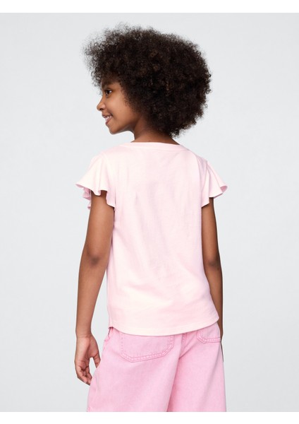 Kız Çocuk Pembe Fırfır Kol Pullu Grafikli T-Shirt modelleri
