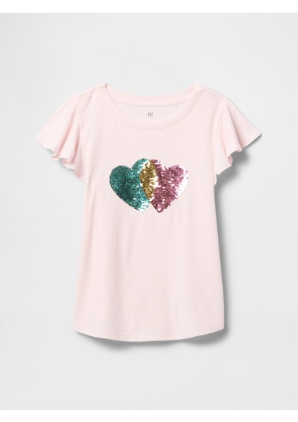 Kız Çocuk Pembe Fırfır Kol Pullu Grafikli T-Shirt fırsatları