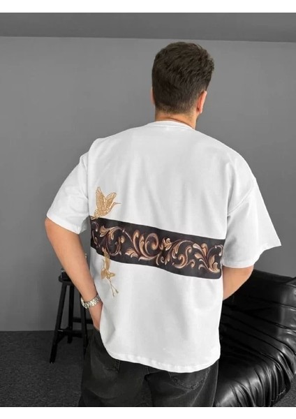 Ön ve Arka Baskılı Oversize Bisiklet Yaka T-Shirt - Beyaz