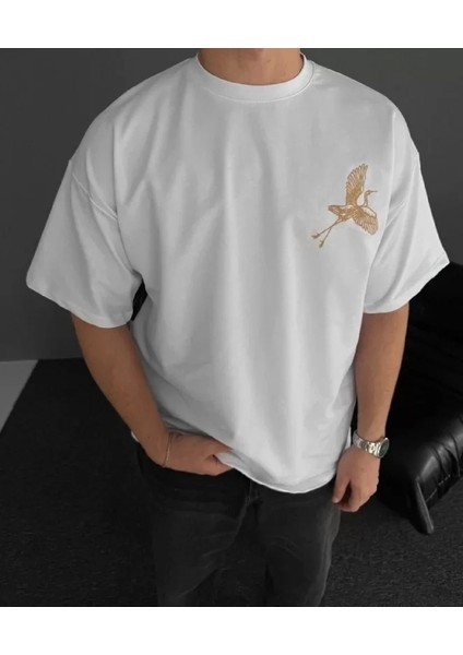Ön ve Arka Baskılı Oversize Bisiklet Yaka T-Shirt - Beyaz