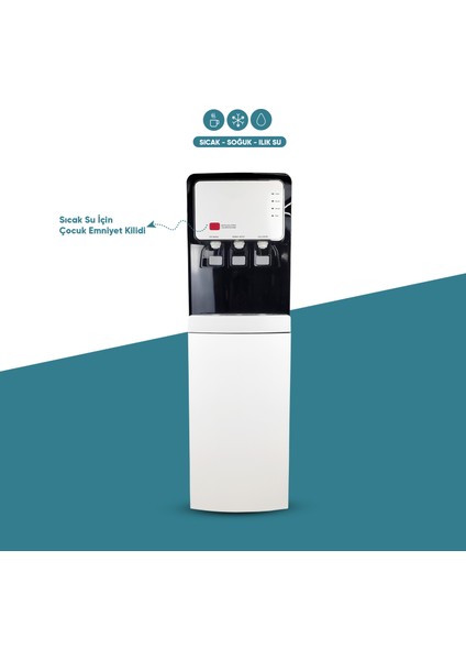 Sıcak Soğuk Ilık 3 Musluklu Tam Boy Arıtmalı Su Sebili - Siyah Beyaz Renk -Ideal Mağaza
