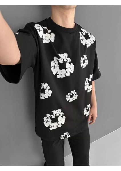 Ön ve Arka Baskılı Oversize Bisiklet Yaka T-Shirt- Siyah