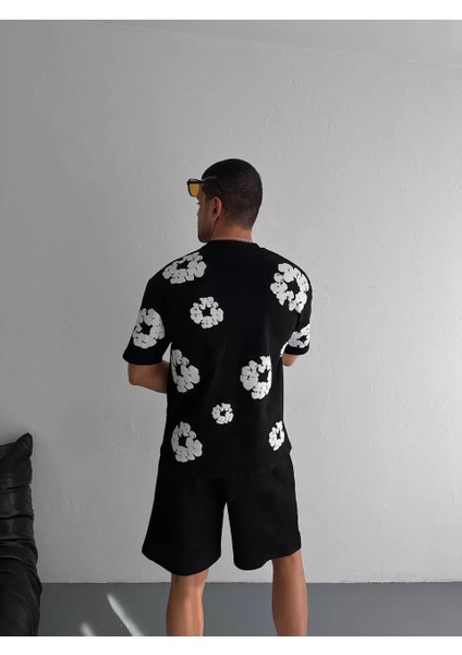 Ön ve Arka Baskılı Oversize Bisiklet Yaka T-Shirt- Siyah