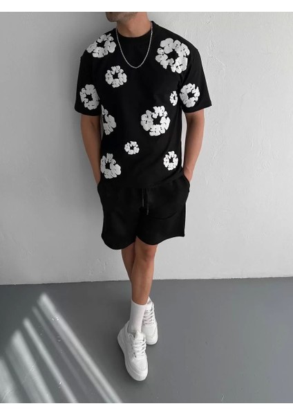 Ön ve Arka Baskılı Oversize Bisiklet Yaka T-Shirt- Siyah