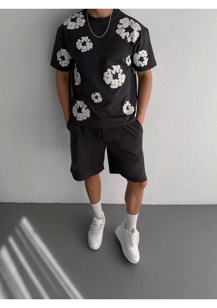 Ön ve Arka Baskılı Oversize Bisiklet Yaka T-Shirt- Siyah