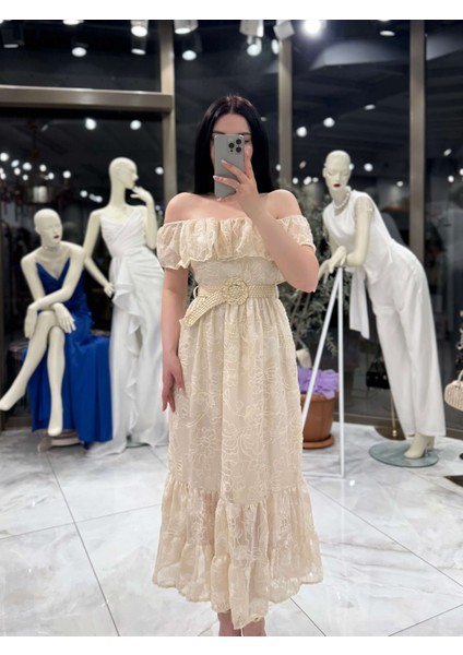 Blar Arkası Lastiklı Desenli Kemerli Midi Boy Elbise Bej