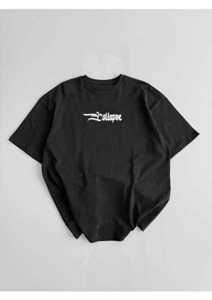 Baskılı Oversize Bisiklet Yaka T-Shirt - Siyah