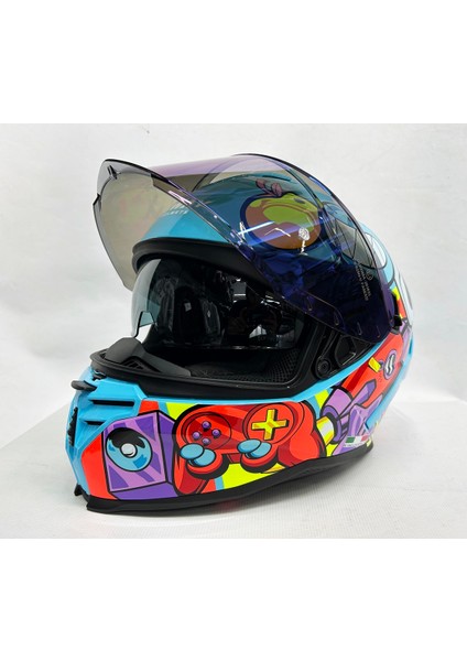 Sw 867 Gamer Gloss Renkli Camlı Iç Güneş Vizörlü Kapalı Kask