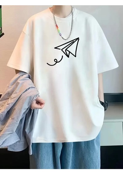 Uçak Baskılı Oversize Bisiklet Yaka T-Shirt - Beyaz
