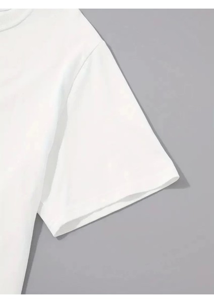 Uçak Baskılı Oversize Bisiklet Yaka T-Shirt - Beyaz