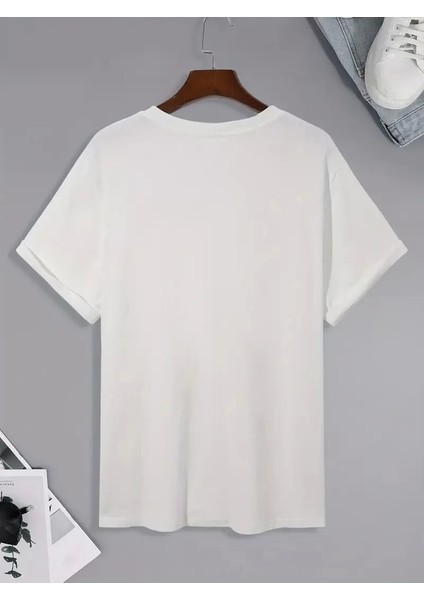 Uçak Baskılı Oversize Bisiklet Yaka T-Shirt - Beyaz