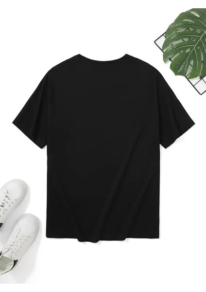 Sarj %1 Baskılı Oversize Bisiklet Yaka T-Shirt - Siyah