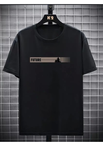 Futre Baskılı Oversize Bisiklet Yaka T-Shirt - Siyah