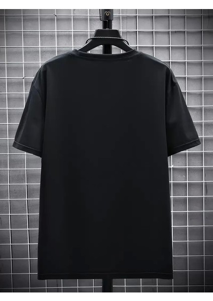 Futre Baskılı Oversize Bisiklet Yaka T-Shirt - Siyah