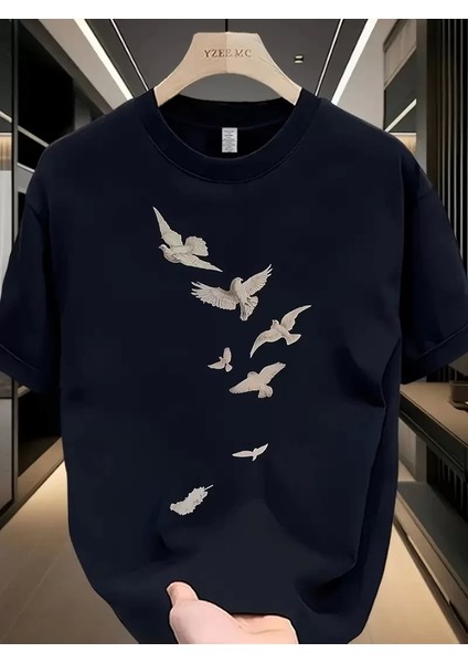 Özgür Kuşlar Baskılı Baskılı Oversize Bisiklet Yaka T-Shirt - Beyaz