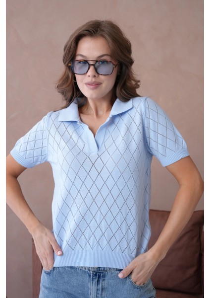 Polo Yaka Ajurlu Kısa Kol Polo Triko Kazak modelleri
