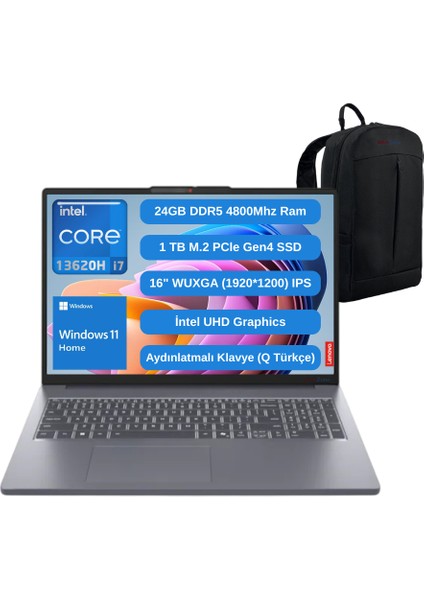 Ideapad Slim 3 16IRH10 Intel Core I7 13620H 24GB 1tb SSD 16" Fhd Win11 Taşınabilir Bilgisayar 83K2001VTR - Webzone Çanta Wz3