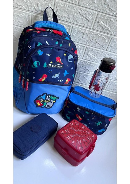 Relaxion Figürlü Sırt Çantası ve Beslenme Çantası Kalemlik Suluk ve Beslenme Kabı 5'li Set