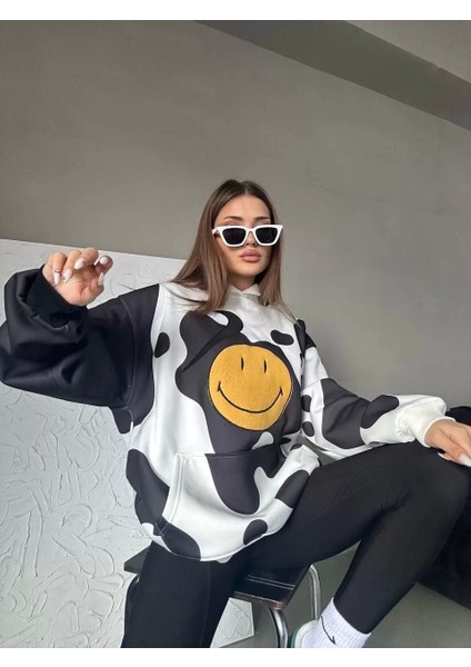 Kadın Smiley Face Kapüşonlu Sweatshirt - Siyah