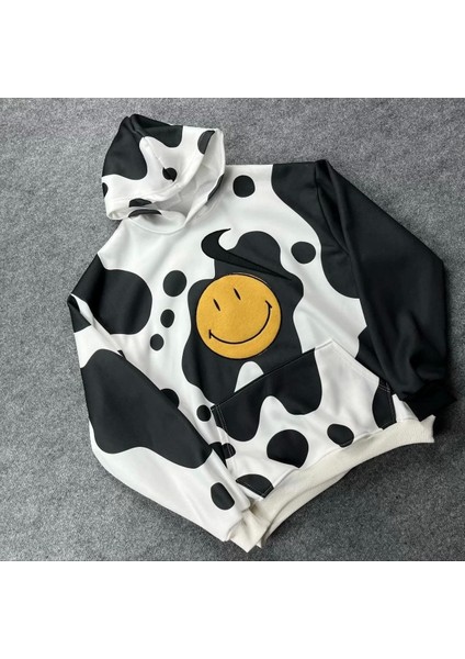 Kadın Smiley Face Kapüşonlu Sweatshirt - Siyah