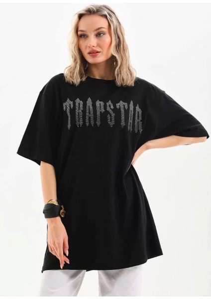 Taş Desenli Oversize T-Shirt - Siyah