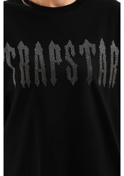 Taş Desenli Oversize T-Shirt - Siyah