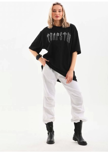Taş Desenli Oversize T-Shirt - Siyah