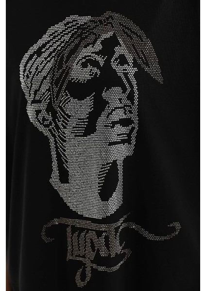 Taş Desenli Oversize T-Shirt - Siyah