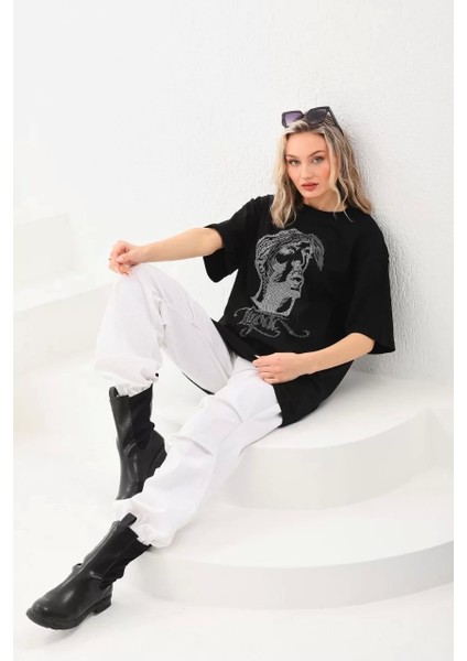 Taş Desenli Oversize T-Shirt - Siyah