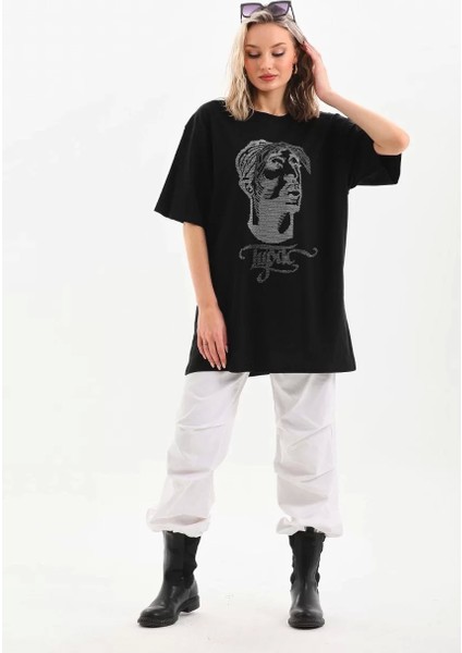 Taş Desenli Oversize T-Shirt - Siyah