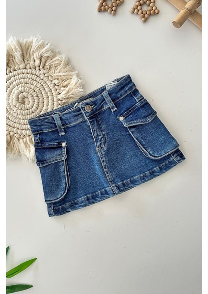 Kargo Cepli Kot Kız Çocuk etek - Koyu Mavi