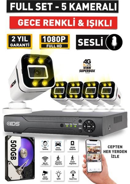Sesli - 5 Kameralı Fullhd Gece Renkli ve Işıklı Güvenlik Kamerası - Kamera Seti 500GB Disk