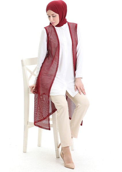 Dantelli Uzun Dökümlü Yelek 8746-02 Bordo