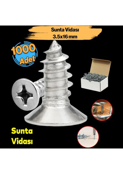Sunta Vidası 3.5X16 mm Paket 1000 Adet Sivri Uçlu Ahşap Tahta Ağaç Mobilya Ayak Kulp Vidası