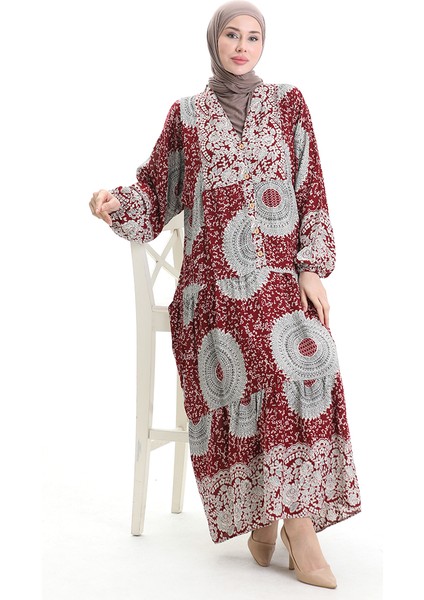 Viskon Kumaş Yarım Düğmeli Desenli Elbise 0061-04 Bordo
