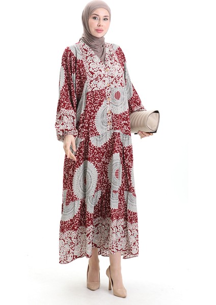 Viskon Kumaş Yarım Düğmeli Desenli Elbise 0061-04 Bordo fiyatları
