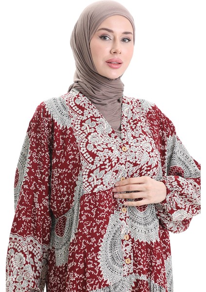 Viskon Kumaş Yarım Düğmeli Desenli Elbise 0061-04 Bordo modelleri