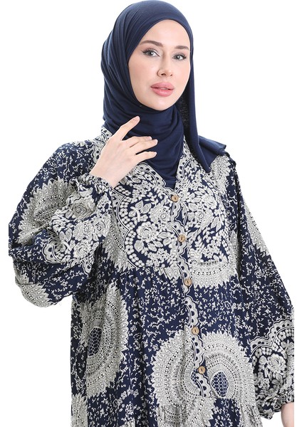 Viskon Kumaş Yarım Düğmeli Desenli Elbise 0061-03 Lacivert modelleri