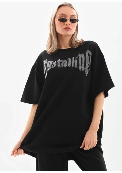 Taş Desenli Oversize T-Shirt - Beyaz