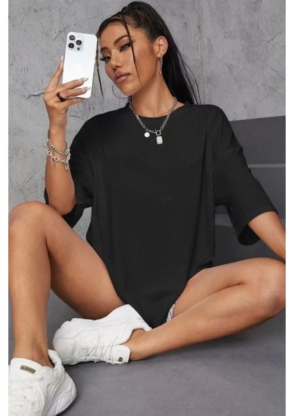 Baskılı Oversize T-Shirt - Siyah