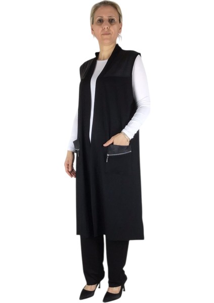 Kadın Önü Açık Deri Detaylı Üstten Cepli Cep Fermuar Aksesuarlı Spor Yelek