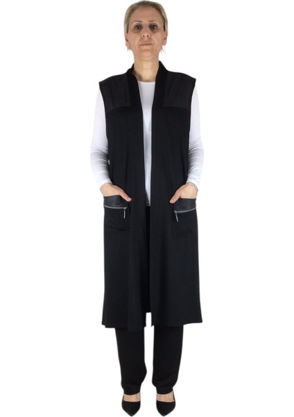 Kadın Önü Açık Deri Detaylı Üstten Cepli Cep Fermuar Aksesuarlı Spor Yelek fiyatları