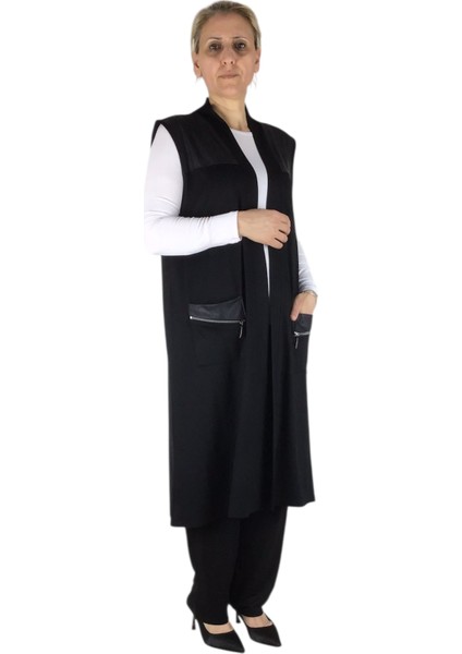 Kadın Önü Açık Deri Detaylı Üstten Cepli Cep Fermuar Aksesuarlı Spor Yelek modelleri