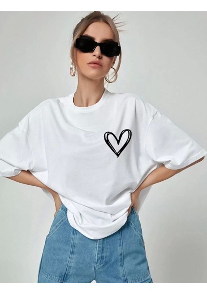 Baskılı Oversize T-Shirt - Beyaz